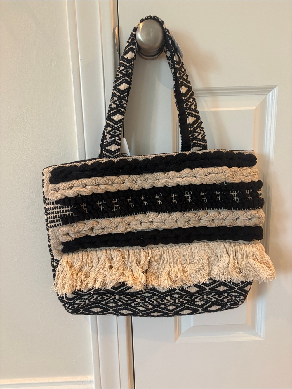 Charming Charlie Black and Cream Braided Fringe Tote Bag